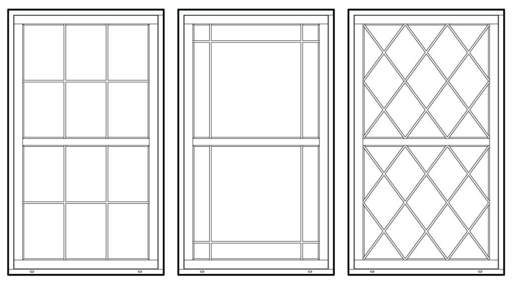 Divided lite grilles can be applied on the interior, exterior or both with either removable snap-mount or tamper-proof mount for security. Adding divided lite spacers in the insulated glass unit cavity simulates the look of a true-divided lite- but with better thermal performance.  From simple to ornate, they come in a variety of profiles.